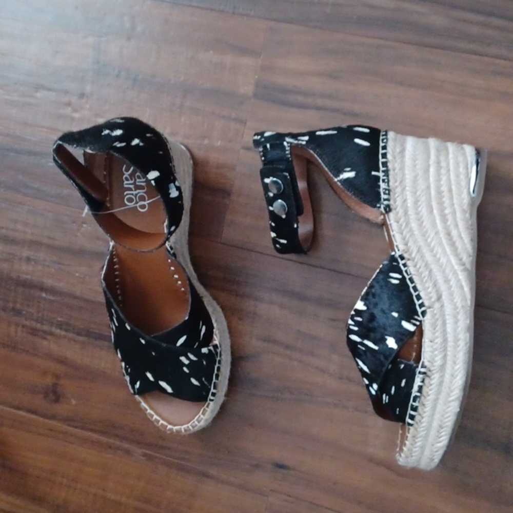 New Carma Black White Pony Calfhair Leather Franco Sarto Wedge Sandals